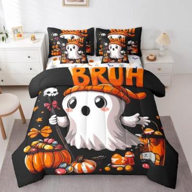Imagem de Erosebridal Jogo de cama completo de 7 peças com lençóis, desenho animado de fantasma de Halloween para todas as estações, 1 edredom, 2 fronhas, 1 lençol de cima, 1 lençol com elástico, 2 fronhas