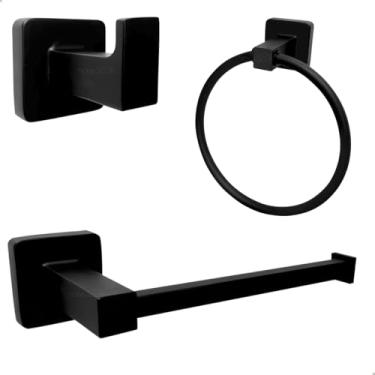 Imagem de Dona D Cor, Kit Acessórios Para Banheiro em Aço Inox e Zamak Lavabo 3 Peças Preto Fosco Porta Toalha Argola Papeleira Gancho Metal Suporte Parede
