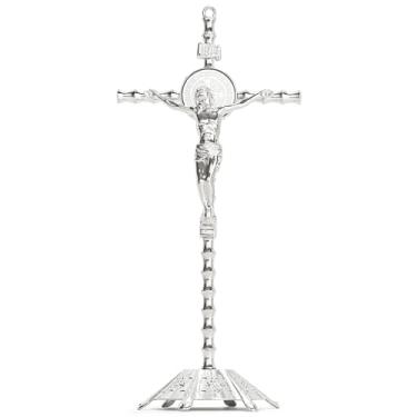 Imagem de Calculs Cruz de mesa de crucifixo de Jesus de metal para cruz de mesa católica com suporte para orações cristãs Jerusalém decoração de casa 25,4 cm prata