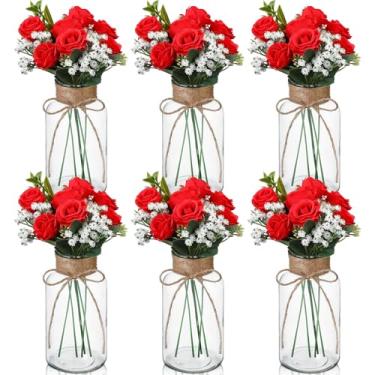 Imagem de Zeyune 6 conjuntos de buquê de flores artificiais de rosas com hálito falso de bebê, vasos de vidro transparente, plantas falsas, arranjos de flores, mesa de centro de mesa para casamento, casa