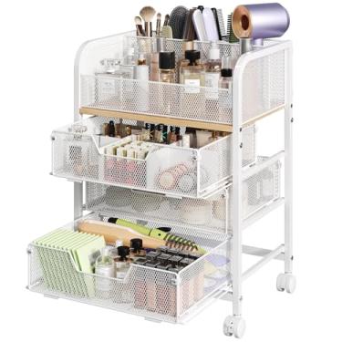 Imagem de Hongtamoya Organizador de carrinho de maquiagem com 3 gavetas com divisória, organizadores de cuidados com a pele sob a mesa, organizador de cosméticos, vitrines de cosméticos para cuidados com a pele