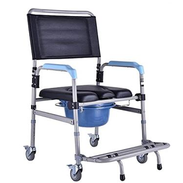 Imagem de Cadeira cômoda dobrável cadeira de transporte, cadeira de rodas para vaso sanitário com rodas e pedal, altura ajustável, cadeira de cômoda extra larga