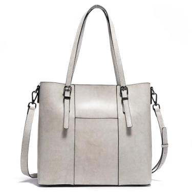 Imagem de Bolsa feminina de couro legítimo, bolsa grande para trabalho com vários compartimentos, bolsa transversal, Cinza claro