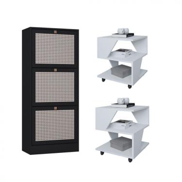 Imagem de Kit Sapateira Spin Tropical 3 Portas E 2 Mesas De Cabeceira Branco/preto