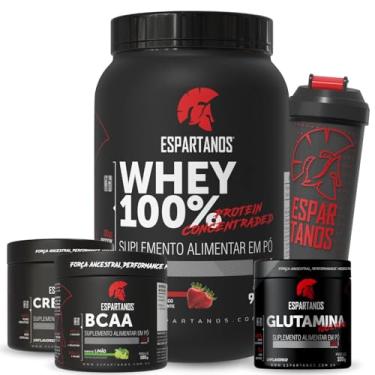 Imagem de Kit Whey Protein concentrado 100% 900g + Creatina + Glutamina + Bcaa + shaker (Grande, Morango)