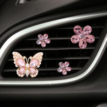 Imagem de Clipe de saída de ar de carro com flor de borboleta brilhante, 4 peças de diamante de strass de cristal fofos enfeites de saída de ar condicionado, decoração de painel interior automotivo, compatível