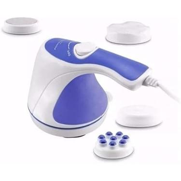 Imagem de Massageador Orbital Elétrico para Corpo Inteiro, Branco e Azul, 4 Discos Intercambiáveis, Rotação 360°, 2500 RPM, Controle de Velocidade, Ideal para Massagem Terapêutica e Relaxamento
