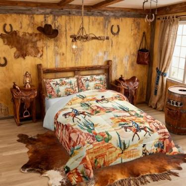 Imagem de Manfei Jogo de cama solteiro caubói ocidental, deserto de cacto, sudoeste, country, boêmio, rústico, fazenda, para meninos e adolescentes, decoração de quarto verde laranja para todas as estações, 1