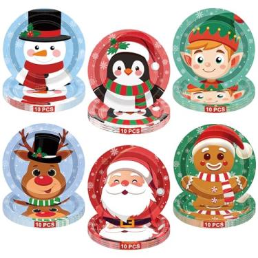 Imagem de QZYL 60 pratos de papel de Natal, suprimentos descartáveis para festa de Natal de 23 cm, 6 designs de decorações de mesa de Natal, conjunto de pratos de Natal fofos de desenhos animados para