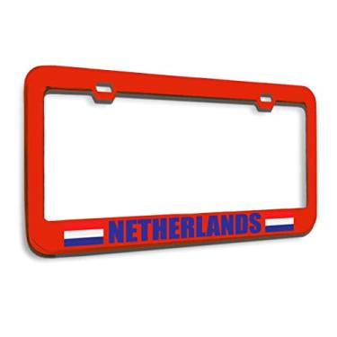 Imagem de Speedy Pros Moldura de placa de licença de metal Holanda bandeira dos Países Baixos Suporte de etiqueta de metal acessórios para carro vermelho 2 furos 1 moldura