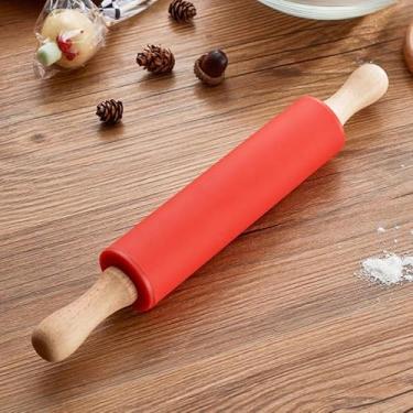 Imagem de 5 x 48 cm Rolo de massa de silicone vermelho, cabo antiaderente para assar, pizza, pão, fondant francês, biscoito, macarrão feito à mão