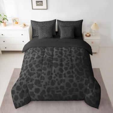 Imagem de Feelyou Conjunto de edredom de leopardo preto escuro com 7 peças, lençol de casal, com estampa de animal, safári, respirável, microfibra macia