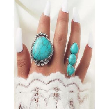 Imagem de Anéis vintage boêmios grandes turquesa 2 peças tamanho ajustável para uso diário feminino