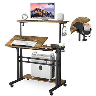 Imagem de Mesa de suporte móvel, mesa ajustável para computador com 3 mesas, mesa portátil para laptop com suporte de copo, estação de trabalho para laptop de escritório em casa com rodas bloqueáveis, preta