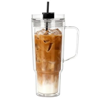 Imagem de Icesip Copo de 1,134 g com alça e canudo de parede dupla reutilizável copo transparente de plástico com tampa preta xícaras de café gelado acrílico caneca de viagem para água