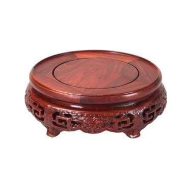 Imagem de suporte para bonsai Base de madeira retrô redonda com padrão pergaminho vazado para bules vaso(Grande)