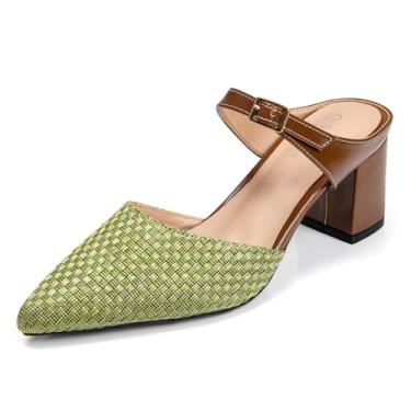 Imagem de qibusleen Mules de salto baixo feminino bico fino fechado 5 cm causa tecido mule sapato com alça ajustável confortável dois tons frente única sandálias sem cadarço, Verde, 41