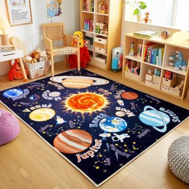 Imagem de Bolacrom Tapetes infantis para sala de jogos, tapete educativo para aprender o alfabeto ABC, macio, lavável à máquina, antiderrapante, fofo, espaço, galáxia, tapete para sala de aula, berçário