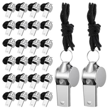 Imagem de PercyEffie Apito de aço inoxidável de 100 peças com cordão, apito de árbitro de metal alto para professores, esportes, emergência, esportes ao ar livre e uso em treinamento