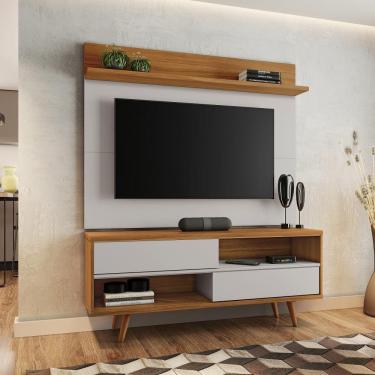 Imagem de Kit Conjunto Rack Painel Para TV Até 50" 2 Portas 2 Prateleiras Sala Estar Marrom Madeira Off White