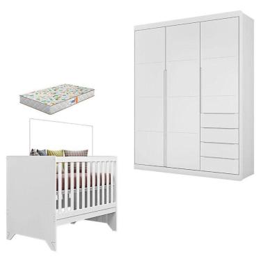 Imagem de Berço Americano Maya E Guarda Roupa Infantil Blenda Branco Acetinado Com Colchão Gazin - Phoenix Baby