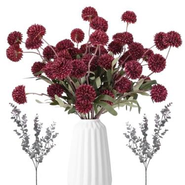 Imagem de Flores artificiais Borgonha Pompon Mom com eucalipto – 10 pacotes de flores de seda falsas para vaso, hastes longas de 53 cm para centros de mesa de Natal, arranjos florais de inverno e decoração de