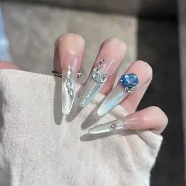 Imagem de Unhas postiças longas de amêndoa francesa olho de gato com cola falsa com design de strass 3D, cobertura completa, bastão falso artificial em unha de acrílico para mulheres, casamento, 24 peças