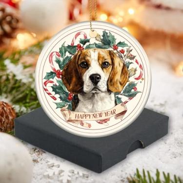 Imagem de Ornamento de Natal animal 2025, lindo cão de beagle, enfeite de Natal, lembrança de árvore de Natal, pingente de cerâmica circular, 7,6 cm