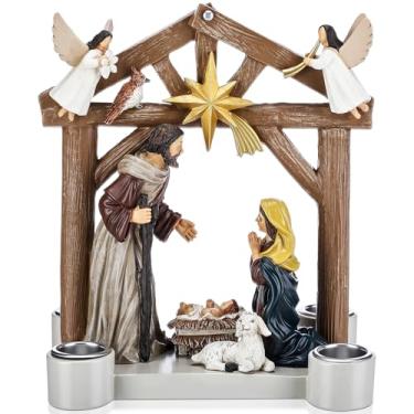 Imagem de Vesici Suporte de vela do advento do presépio de Natal com 4 copos de vela, guirlanda religiosa do advento da família sagrada para decoração de mesa de casa, presente de igreja