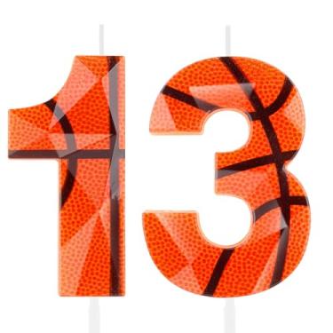 Imagem de Vela de basquete 3D número 13 velas de aniversário laranja 13º aniversário cera premium e design de diamante 3D decoração de topo de bolo temática de basquete para meninos meninas crianças festa