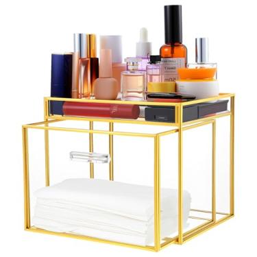 Imagem de Suporte descartável para toalha de rosto – Suporte GG para toalhas de vidro premium com moldura dourada, caixa organizadora de armazenamento duplo para bancada de banheiro, cuidados com a pele e itens