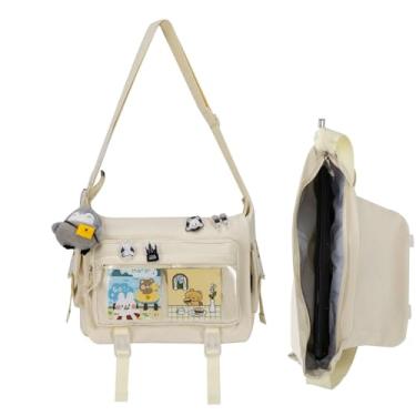 Imagem de Bolsa tiracolo Kawaii para mulheres com alfinete e pinguim de pelúcia, bolsa mensageiro fofa bolsa tiracolo japonesa bolsa Y2K, Bege, Large-Fit Laptop