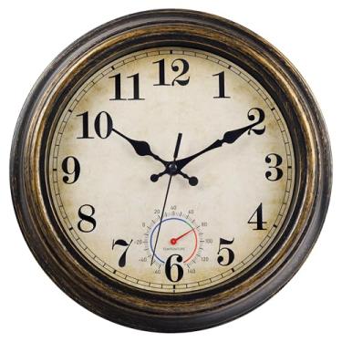 Imagem de Horizent Relógios ao ar livre à prova d'água com termômetro relógio de parede vintage decoração para banheiro, pátio, piscina, jardim (30,5 cm)