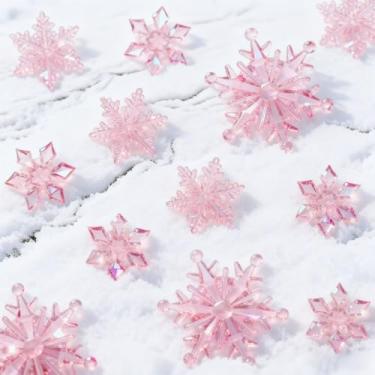 Imagem de 9 peças de enfeites de acrílico para pendurar em floco de neve, árvore de Natal rosa, decoração de artesanato DIY, perfeito para ambiente de férias de inverno, decorações de Natal ao ar livre