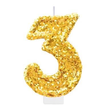 Imagem de Vela de aniversário dourada número 3 para bolo, topo de bolo dourado com glitter, decorações de terceiro aniversário, suprimentos de festa para mulheres e homens, decoração de lembrancinhas de festa