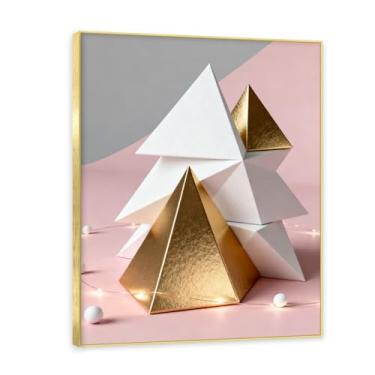 Imagem de Moldura dourada. Arte moderna de presente de Natal, arte geométrica de árvore rosa empoeirada e dourada, tela emoldurada pronta para pendurar para uma casa de férias elegante. A41. 30x40cm-11,8x15,7