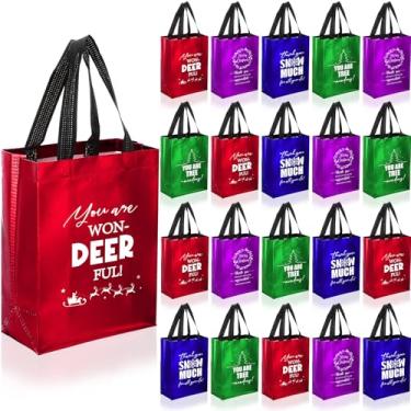 Imagem de Reginary 20 peças de sacolas de presente de agradecimento de Natal, reutilizáveis, tamanho médio, não tecido, bolsa de presente de Natal brilhante com alça para escritório, equipe, colega de trabalho
