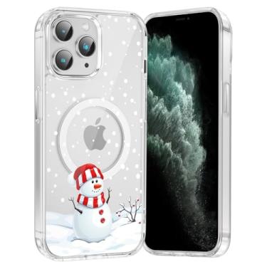 Imagem de RUMDEY Capa de celular Feliz Natal boneco de neve para iPhone 11 Pro Max Xmas capa magnética transparente de 6,5 polegadas, compatível com Magsafe, capa com design de padrão de inverno bonito à prova
