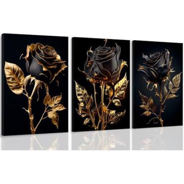 Imagem de ICHZUMW Arte de parede floral Moody emoldurada, 3 peças de arte de parede em tela vintage de rosas pretas e douradas, impressões florais Dark Academia, imagens de flores góticas para decoração de