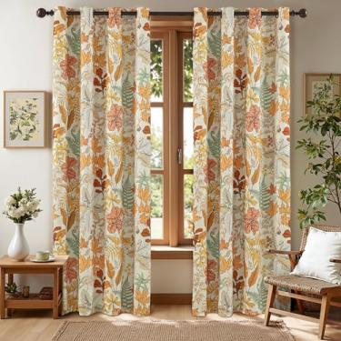 Imagem de keensoft Cortinas blackout 100% de bordo vermelho para quarto 153 cm de comprimento, conjunto de 2 painéis, laranja, planta, floral, preto, cortinas isoladas, ilhós, escurecimento de quarto, cortinas