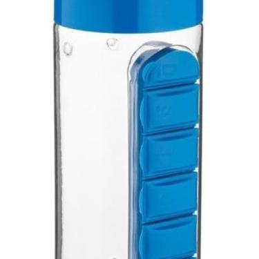 Imagem de Garrafa Plástica com Porta Comprimidos Semanal, 600ml, Azul, Tampa Rosqueável, Organizador de Medicamentos para Viagem, 14cm x 8cm x 8cm
