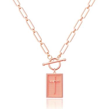 Imagem de Robaice Colar de cruz banhado a ouro 14 K e banhado a prata para mulheres, joia de fé não manchada com fecho articulado, colar moderno para mulheres, fé cristã, comunhão, aniversário e Natal, One