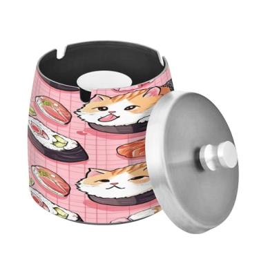 Imagem de Blueangle Cinzeiro padrão kawaii sushi com tampa para cigarros, à prova de vento/chuva, aço inoxidável, sem fumaça, inodoro, cinzeiro para uso interno ou externo (241)