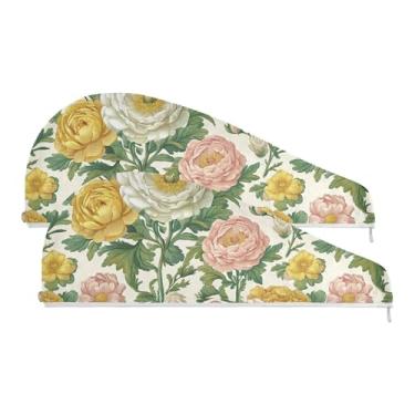 Imagem de SEHANY Toalha de cabelo de microfibra de flores coloridas elegantes para mulheres, 2 peças, turbantes de cabelo de secagem rápida com botão, touca de cabelo seco absorvente toalha de secagem de cabelo