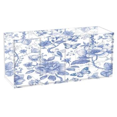 Imagem de SEHANY Lindo porta-canetas de acrílico com flores em aquarela, pássaro, 4 compartimentos, porta-lápis transparente, organizador de pincéis de maquiagem, organizador de papelaria para escritório, casa