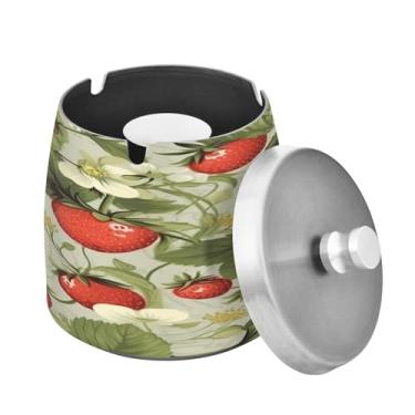 Imagem de Blueangle Cinzeiro com estampa de flor de morango com tampa para cigarros, à prova de vento/chuva, aço inoxidável, sem fumaça, inodoro, cinzeiro para uso interno ou externo (576)