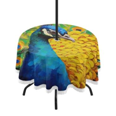 Imagem de ATTX Toalha de mesa redonda com pintura a óleo de pavão para uso externo – 152 cm, impermeável, à prova de derramamento, uso interno/externo, com orifício para guarda-chuva com zíper para acampamento