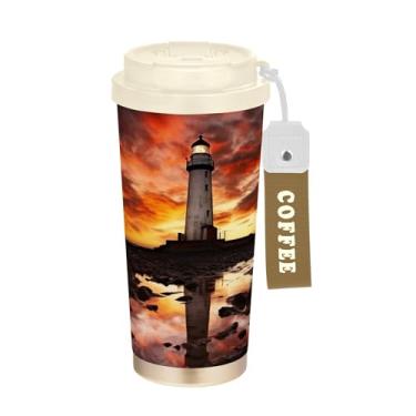 Imagem de SEHANY Caneca de viagem Sea Lighthouse Scenery 482 g Copos de café reutilizáveis revestidos de cerâmica com tampa à prova de vazamento, parede dupla, isolamento a vácuo, copo de café de aço inoxidável