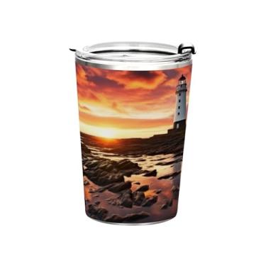 Imagem de Blueangle Copo de 340 g com tampa e canudo, copo de café com água isolada a vácuo de aço inoxidável, caneca de viagem do farol do pôr do sol copo térmico para bebidas quentes e frias (429)