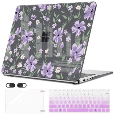 Imagem de Seanai Capa compatível com Microsoft Surface Laptop 35.1 cm Touchscreen 2024 modelo 2036 (7ª edição), capa rígida de plástico para laptop, capa de teclado, protetor de tela, flores roxas